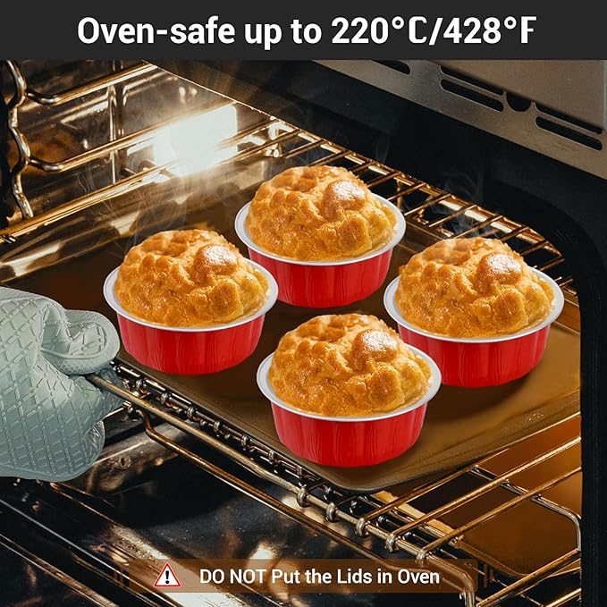 EUSOAR Cake Container, 50pcs 9oz Red Aluminum Pan Carrier with Lid, Disposable Foil Ramekins Oven Safe Cupcakes Bread Pudding Mini Loaf Round Holders Pans with Lids for Wedding Birthday Theme Party