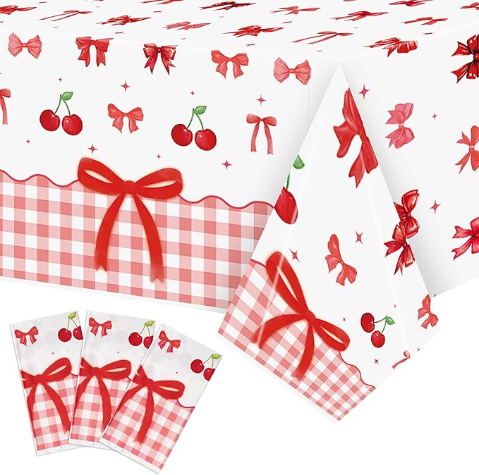 3Pcs Bow Party Tablecloths - Red Cherry Party Table Covers Decorations Coquette Bow Rectangular Plastic Disposable Table Cloth Decor for Girls Women Kids Birthday Baby Shower Supplies