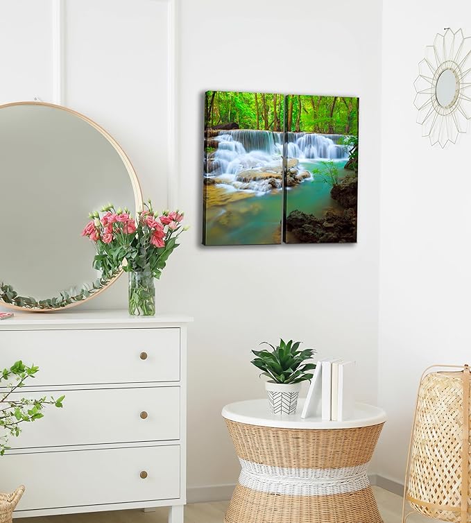 Waterfall Canvas Wall Art Decor - 2 Piece Set, Decorative Multi Panel Split Prints - Forest Landscape Picture for Living Room, Kitchen, Bedroom, Office & Home Decor Gift