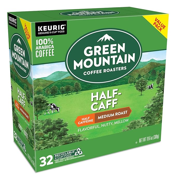 Green Mountain Coffee Roasters Half Caff, Single-Serve Keurig K-Cup Pods, Medium Roast Coffee Pods, 32 Count