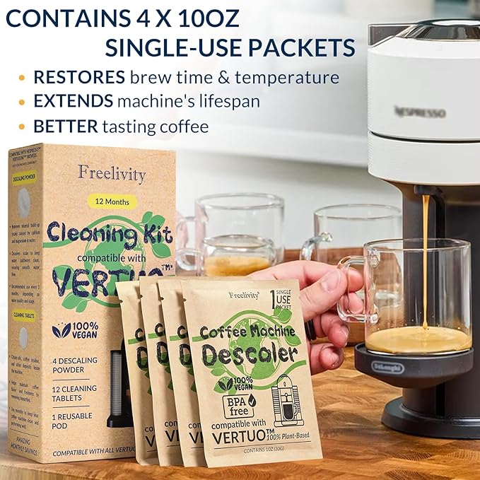 Nespresso Compatible Vertuo Cleaning & Descaling Kit ??1 Year Supply. Includes 4 Descaling Powder Solution, 12 Cleaning Tablets, 1 Reusable Pod, Eco-Friendly Vertuoline Maintenance Kit
