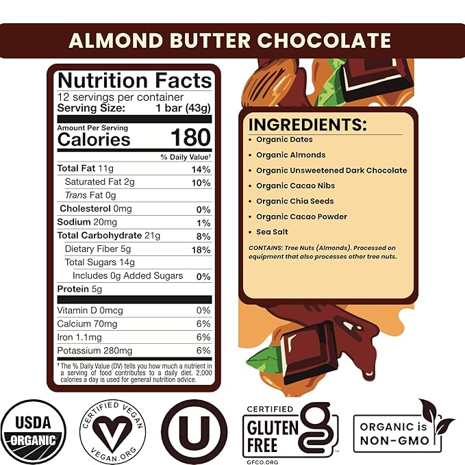 Bearded Brothers, Organic Vegan Protein Energy Bars, Almond Butter Chocolate (12 Pack) - Gluten Free, Paleo, Non GMO, Soy Free, Low Glycemic, No Sugar Added, Packed with Protein, Fiber (Packaging May Vary)