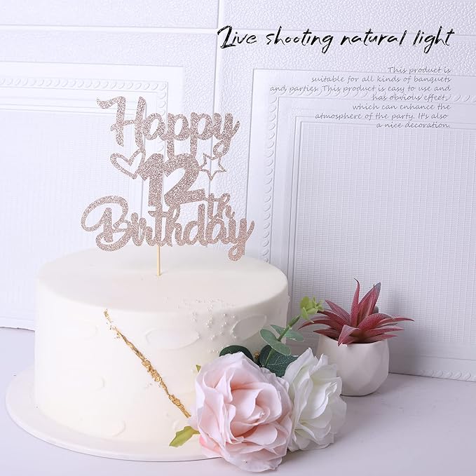 1 Pack Happy 12th Birthday Cake Topper Glitter Heart Star 12 Fabulous Cake Pick Birthday Sign Cake Decorations for Children 12th Birthday Theme Party Supplies Rose Gold