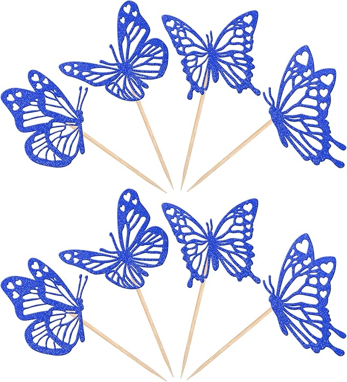 Rsstarxi 24 Pack Butterfly Cupcake Toppers Glitter Assembled Butterfly Baby Shower Cupcake Picks for Wedding Engagement Bridal Shower Kids Birthday Party Cake Decorations Supplies Deep Blue