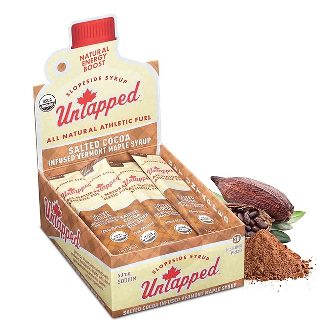UnTapped Salted Cocoa Infused Vermont Maple Syrup Packets for Athletes, Box of 20-1 fl oz Each | Pure Maple Syrup with Rich Cocoa Extract and Sea Salt | Fuel to Keep You Running Longer