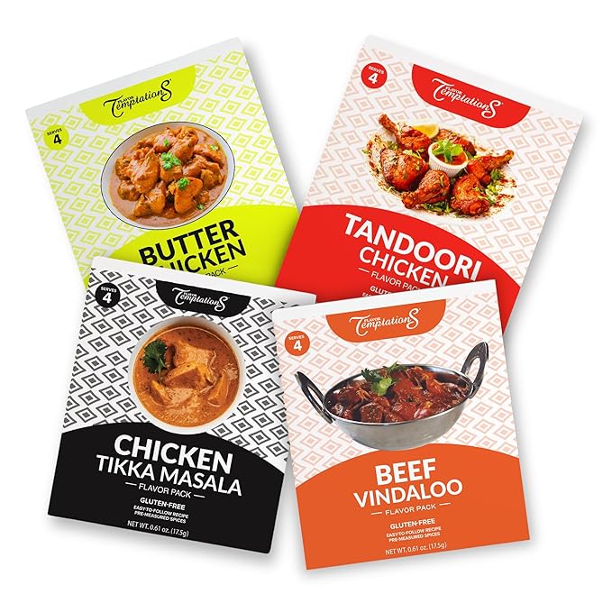 TIKKA MASALA, BUTTER CHICKEN, TANDOORI CHICKEN, BEEF VINDALOO INDIAN FOOD SPICES Beginner Seasoning Set by Flavor Temptations. Gluten free, Salt free. 4 Packs (Total 16 Servings)