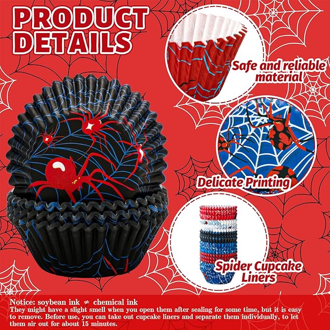 600 Pcs Spider Paper Baking Cups Spider Web Cupcake Liners Red Blue Muffin Liner Cake Paper Cups Storage Container for Birthday Party DIY Crafts Supplies, 2 x 1.2 Inch