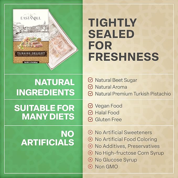Eastanbul Turkish Delight, 17.6oz, Turkish Delights Candy Sticks Pistachio Filled w/ 4 Flavors: Apple, Orange, Pomegranate, Vanilla, International Candy, Wick Lokum, Vegan Gift