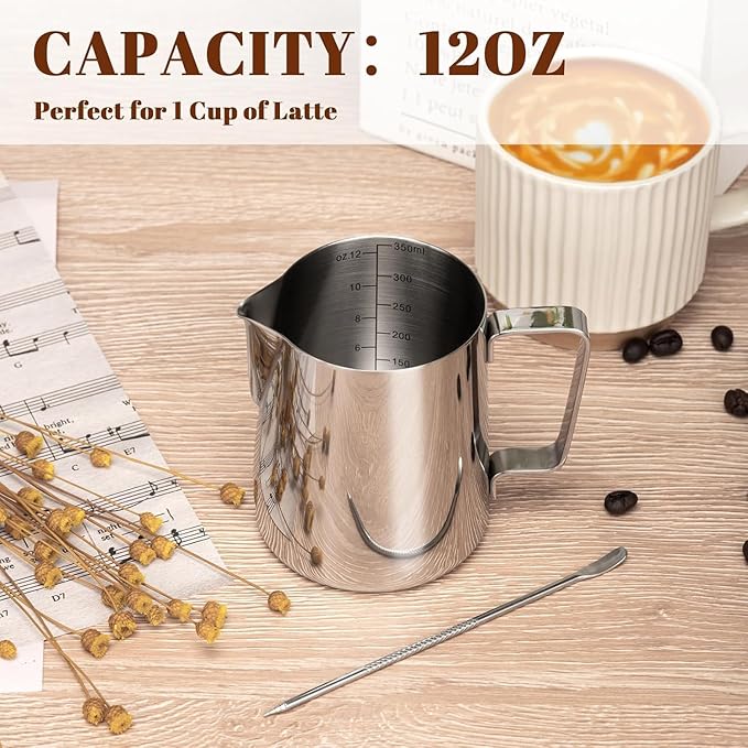 Milk Frothing Pitcher for Coffee, Barista Steaming Jug (12 Ounces/350ml)