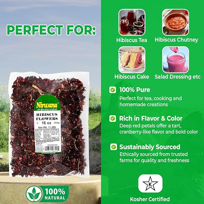 Premium Dried Hibiscus Flowers ??Whole Flower Petals for Herbal Infusions, Loose Leaf Blends, and Culinary Use ??Great with Dandelion Root, Raspberry Leaf, and More (16oz)