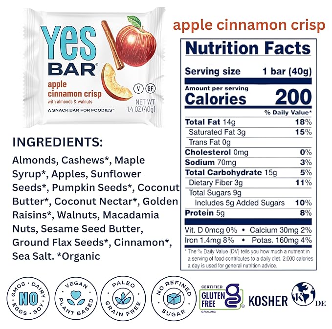The YES Bar Apple Cinnamon Crisp ??Plant Based Protein, Decadent Snack Bar ??Vegan, Paleo, Gluten Free, Dairy Free, Low Sugar, Healthy Snack, Breakfast, Low Carb, Keto Friendly (1.4 oz Bar)