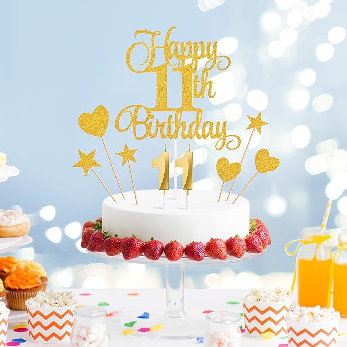 11th Birthday Cake Decorations, 11th Birthday Candles Cake Numeral Candles and Glitter Happy 11th Birthday Cake Toppers Set for Birthday Party Supplies (Gold)