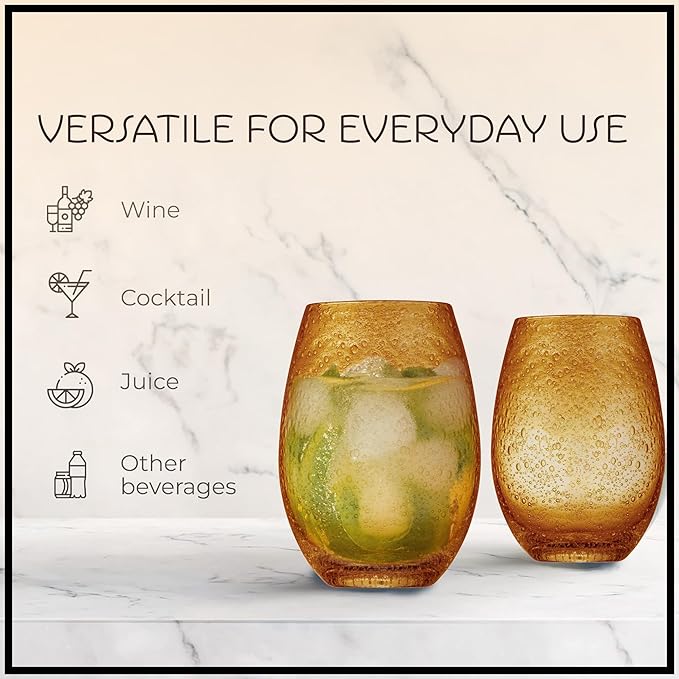 Artland Stemless Wine Glass, Set of 4 | Iris Seeded Design, Amber | Drinking Glass for Parties and Everyday Use - Wine, Champagne, Cocktail | Glassware & Barware Essentials