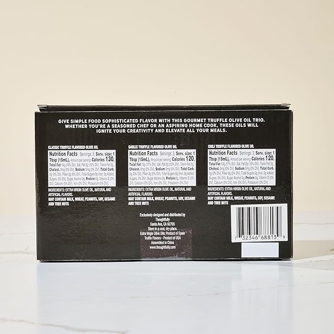 Thoughtfully, Truffle Oil Trio, Includes Classic, Garlic, and Chili Truffle Infused Olive Oil in 1.7 oz Glass Bottles, Set of 3