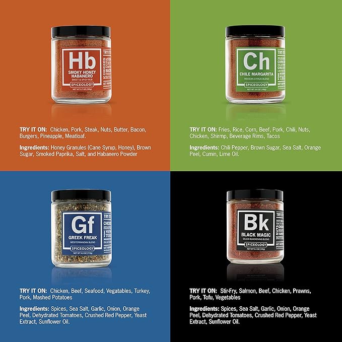 Spiceology - 4-Pack Signature Series - Smoky Honey Habanero, Chile Margarita, Greek Freak, and Black Magic - Grilling Spices - BBQ Rubs Gift Sets - Spices and Seasonings Set