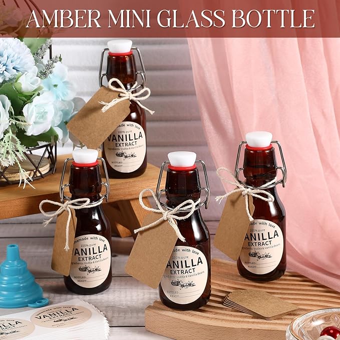 Vesici 20 Sets Swing Top Glass Bottles Set Amber Homemade Vanilla Extract Bottles with Stoppers Stickers Caps Jar Brush Funnel Rope Labels Vanilla Extract Jars for Holiday DIY Crafts (4 oz)