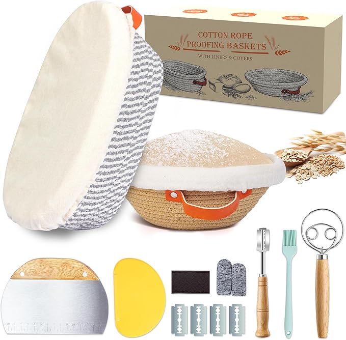 Banneton Bread Proofing Basket ??9" Round & 10" Oval Sourdough Starter Kit, Handmade Cotton Rope Sourdough Proofing Basket with Liner & Cover,Bread Making Tools (1 Round 1 Oval Gift Set)