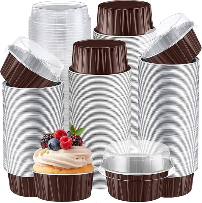 Gejoy 400 Pcs Aluminum Foil Baking Cups with Lids 5 oz Disposable Ramekins Mini Cake Pans Creme Brulee Cupcake Liners Muffin Tins Flan Mold Dessert Container for Wedding(Brown,Classic)