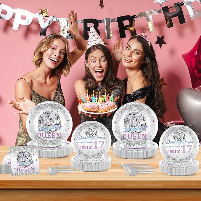 96Pcs Dancing Queen Plates and Napkins for 17 Birthday Party Decorations for Girls Silver 17 Year Old Dessert Plates Dancing Queen Tableware Set for 24 Guests 17 Birthday Party Supplies