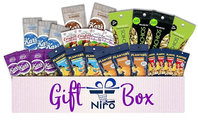 Niro Gift Basket | Nut and Trail Mix Assortment | 10 Different Flavors | 28 Packs of Nuts and Trail Mixes