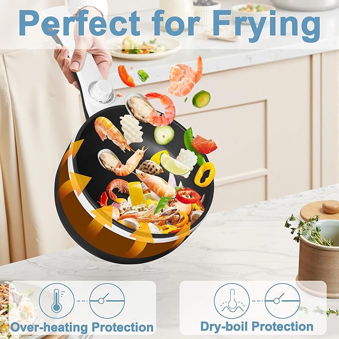 Dezin Hot Pot Electric with Steamer Upgraded, Non-Stick Saut챕 Pan, Rapid Noodles Electric Pot, 1.5L Mini Pot for Steak, Egg, Fried Rice, Ramen, Oatmeal, Soup with Power Adjustment