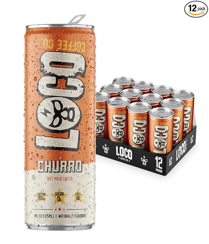 Loco Coffee Churro Latte 11 Ounce Can, 12 Count | Zero Sugar, 200mg Caffeine | Gluten Free and Dairy Free | Low Calorie Iced Coffee