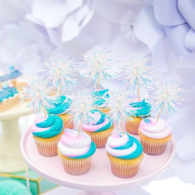 Rsstarxi 30 Pack Foil Firework Cupcake Toppers Birthday Party Decorations Sparkle Tinsel Cocktail Food Fruit Toothpick for Valentine's Day Wedding Birthday Party Decorations Silver