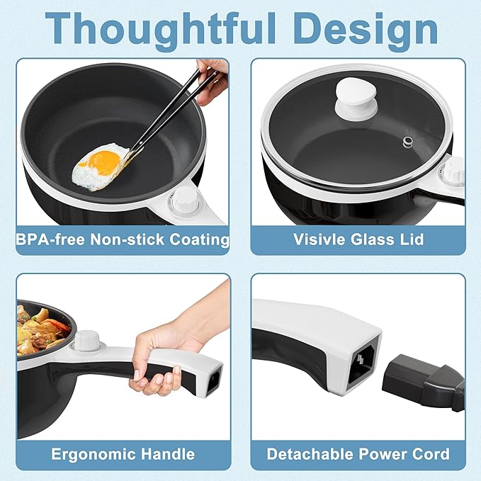 Dezin Hot Pot Electric Upgraded, Non-Stick Saut챕 Pan, Rapid Noodles Electric Pot, 1.5L Mini Portable Hot Pot for Steak, Egg, Fried Rice, Ramen, Oatmeal, Soup with Power Adjustment