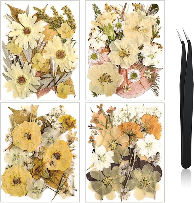 Nuanchu Pressed Flowers Bulk Dried Flower for Crafts, Dried Wildflowers Leave Natural with Tweezer for Resin Mold Scrapbooking Nail Soap Making DIY(Retro Style,Warm Color)