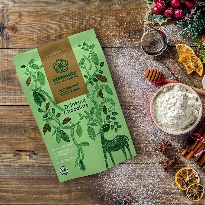 Elements Peppermint Hot Chocolate - All-Natural, Handmade Hot Chocolate Mix - Heavy Metal Tested - Fair Trade, Organic Cacao Powder - Plant Based & Ayurveda Inspired - Vegan Hot Cocoa Mix - 16 Ounce