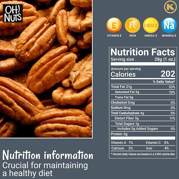 Oh! Nuts Pecans Dry Roasted Unsalted - Kosher, Oil-Free, All Natural Pecans - For Baking, Snacks, Salad, Dressing - Packed in 1 LB Resealable Bulk Bag