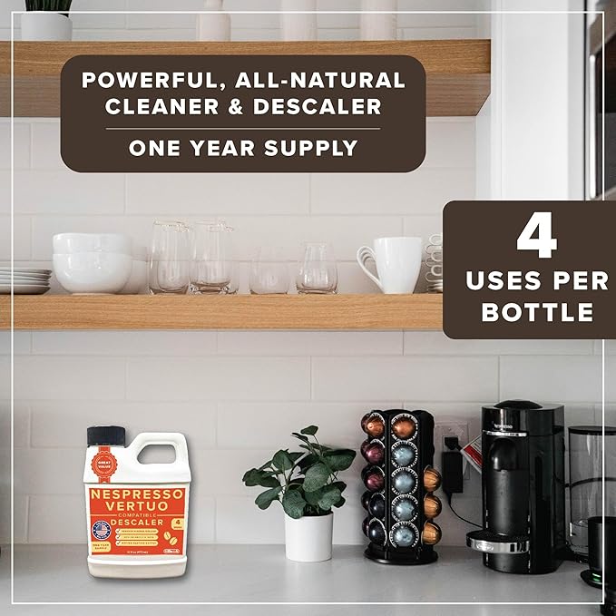 Descaler Compatible with Nespresso Vertuo Machine - 1 YEAR SUPPLY Concentrated Descaler for Nespresso - 16oz Coffee Maker Cleaner for Nespresso, Breville, Keurig, Espresso Machine - 4 Uses