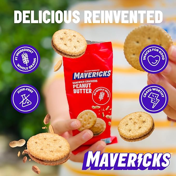 Mavericks Sandwich Crackers Peanut Butter - Plant-Based Peanut Butter Sandwich Snack Crackers, Whole Grain, Non-GMO - Back to School - 6 Boxes (36 Snack Packs)