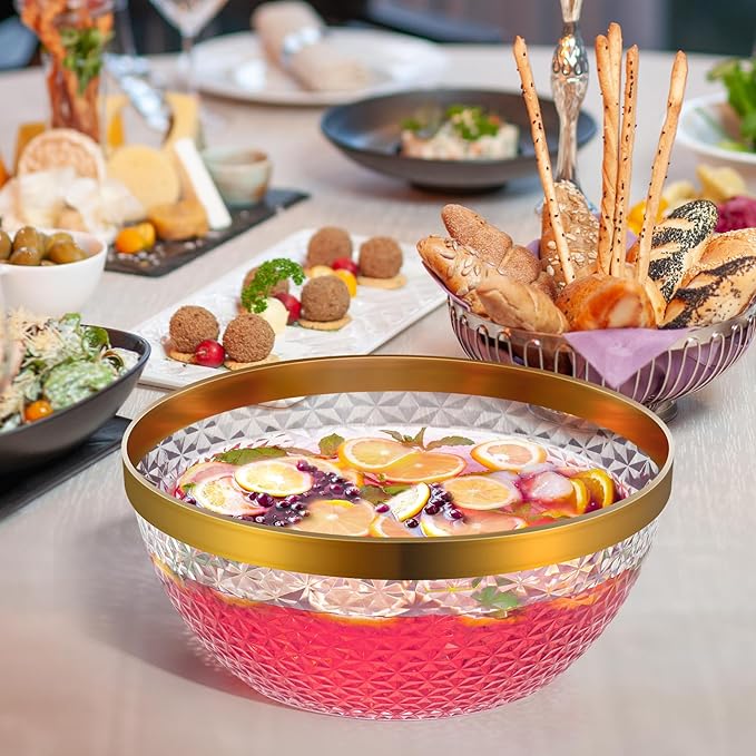 NiHome Plastic Punch Bowl with Ladle and Tong for Parties, Weddings, BBQs, 1.4 Gallon Gold Trim Clear Beverage Serving Bowl Complete Set for Cocktails, Salads, Snacks, Easy to Clean