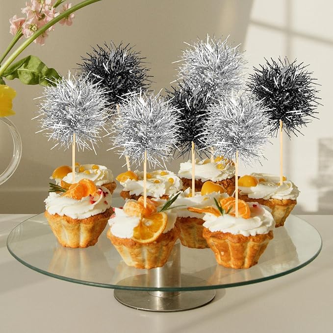 Chinco 100 Pcs Foil Firework Cupcake Toppers Sparkle Tinsel Cake Toppers Cake Decoration Cocktail Fruit Toothpick for Birthday Wedding Graduation Party(Silver, Black)