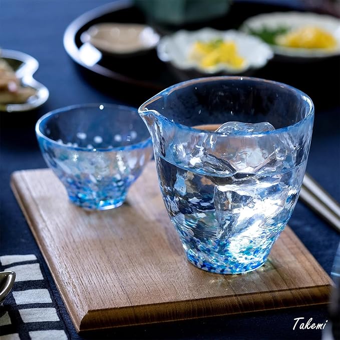 Japanese Handcrafted Sake Cups – Exquisite Artisan Glassware for Cold Sake & Shochu, Elegant Drinkware for Any Occasion, Made in Japan (Aajisai Sake Carafe, Carafe 8.4 fl oz - 250ml)