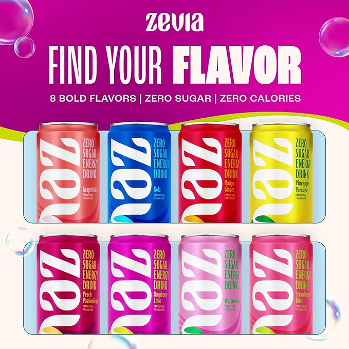 Zevia Zero Sugar Energy Drink, Raspberry Lime, 12 oz Cans (12-Pack) – Naturally Sweetened, Zero