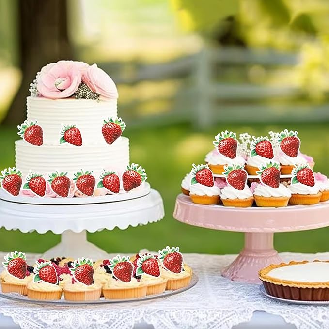 60 Pack Edible Sweet Strawberry Cupcake Toppers Rice Paper Wafer Paper First Birthday Strawberry Cake Picks for Fruit Baby Shower Birthday Berry Sweet Kids Birthday Cake Decorations