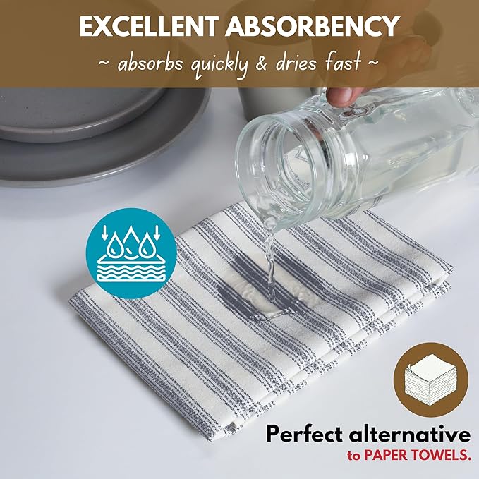 Native Fab 4 Pack Farmhouse Modern Stripe Kitchen Dish Towels Cotton Super Absorbent Quick Drying Reusable 18x26 Inches - Bar Hand Towels, Kitchen Cleaning Towels with Hanging Loop, Navy Blue