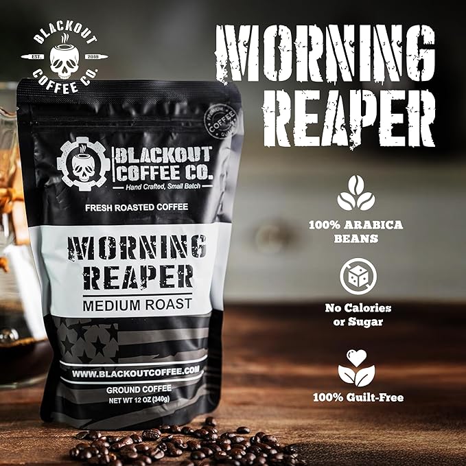 Blackout Coffee Morning Reaper Ground Coffee ??Medium Roast, Bold & Strong Flavor ??Freshly Roasted 12oz Bag, American Made