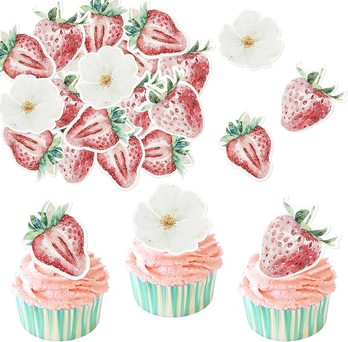 60 Pack Edible Sweet Strawberry Cupcake Toppers First Birthday Strawberry Cake Toppers Rice Paper Wafer Paper Cake Picks for Fruit Baby Shower 1st Birthday Berry Sweet Kids Cake Decorations Pink