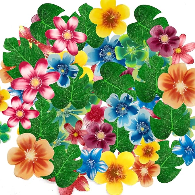 88 pieces of edible green leaf cake decorations, mixed leaf and flower cupcake decorations for Hawaiian themed festive wedding birthday party supplies.