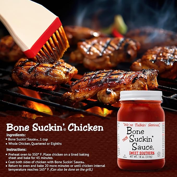 Bone Suckin' Sauce Sweet Southern Thick BBQ Sauce, 18 oz Glass Bottle, For Ribs, Chicken, Pork, Beef - Gluten-Free, Non-GMO, Kosher, Thick Barbecue Sauce Sweetened with Cane Sugar & Molasses - 1 Pc
