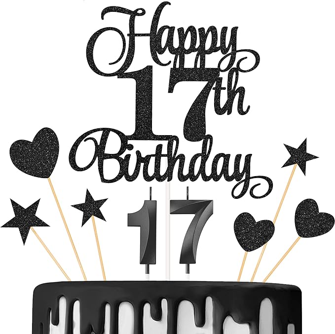 17th Birthday Cake Decorations, 17th Birthday Candles Cake Numeral Candles and Glitter Happy 17th Birthday Cake Toppers Set for Birthday Party Supplies (Black)