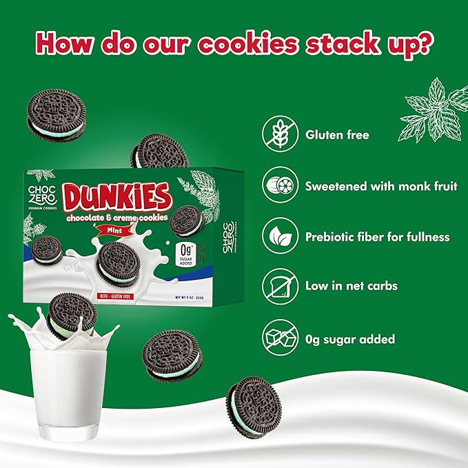 ChocZero Mint Dunkies ??Mint Creme Chocolate Sandwich Cookies, Sugar Free, Keto Friendly, Low Net Carb, High Fiber, Gluten Free ??9oz Box