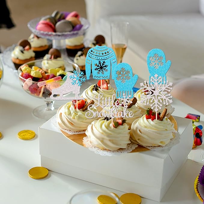 30 PCS Snowflake Cupcake Toppers Glitter Skate Shoe Gloves Sweater Cupcake Picks for Snowflake Theme Winter Wonderland Baby Shower Birthday Merry Christmas Party Cake Decorations Supplies