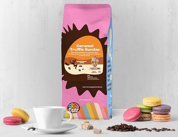 Crazy Cups Flavored Ground Coffee, Caramel Truffle Sundae Coffee, For Brewing Flavored Hot or Iced Caramel Coffee, 10oz(Pack of 1)