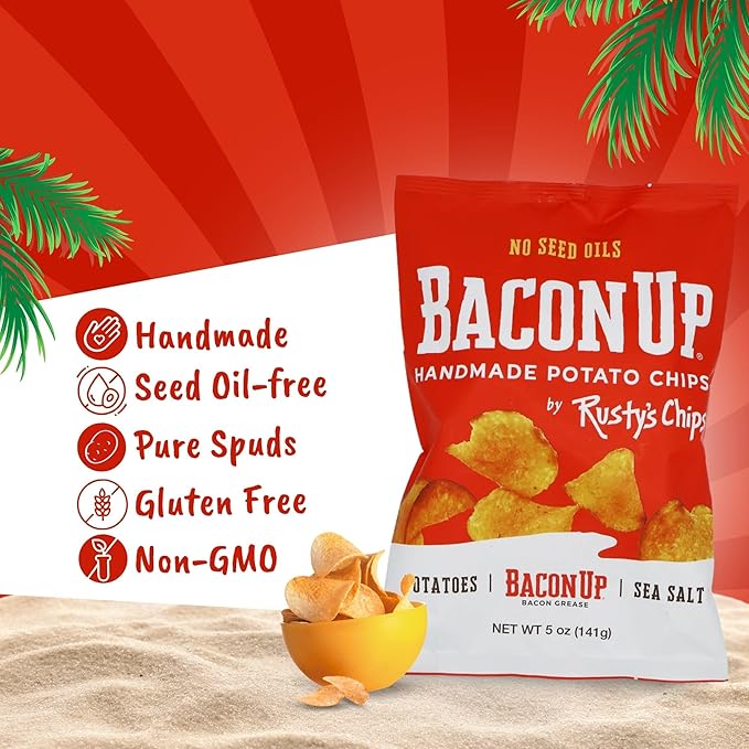 Bacon Up - Handmade Crunchy Healthy Potato Chips - No Preservatives, No Seed Oils, Gluten Free, Healthy Snacks for Adults - 5oz (4 Snack Packs) by Rusty's Chips