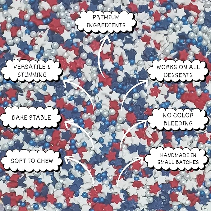 Confect Cake Mate Edible Sprinkles ??Red, White, Blue & Silver Pearl & Star Dragees??Cake and Cupcake Decorating Toppings for Cookies & Ice Cream | Vegan, Gluten-Free, Soy-Free, Dairy-Free, Palm Oil-Free- 4.2 Oz