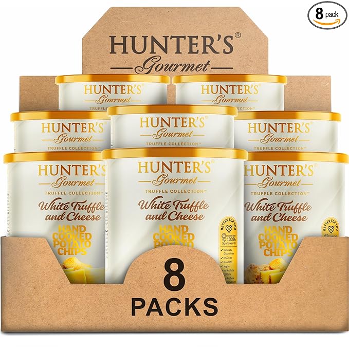 Hunter's Gourmet Chips | Healthy & Cholesterol Free | Halal | Made in a Nut-Free Facility | MSG & Preservative Free | White Truffle & Cheese | Gourmet Cheese Crisps | Pack of 8 | 40g